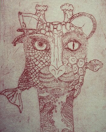 Löwenfisch rot Radierung Bild: Löwenfisch rot Radierung